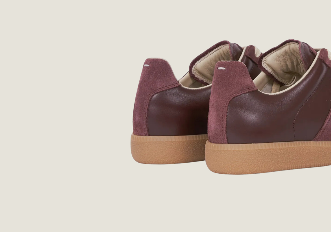 MM Burgundy nappa leather and suede with a honey sole.