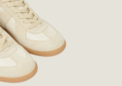 MM Beige in nappa leather and suede with a honey sole.