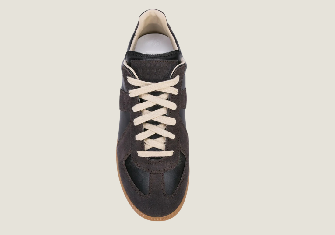 MM Black nappa leather and suede with a honey sole.