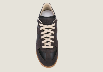 MM Black nappa leather and suede with a honey sole.