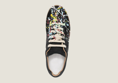 MM  nubuck leather and velour featuring a paint splatter design.
