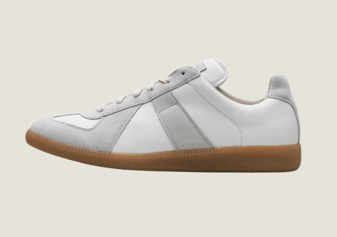 MM White nappa leather and suede with a honey sole.