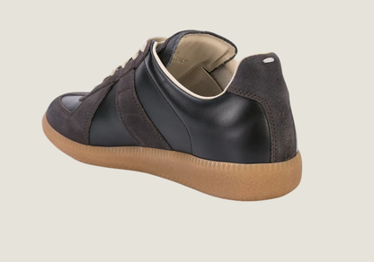 MM Black nappa leather and suede with a honey sole.