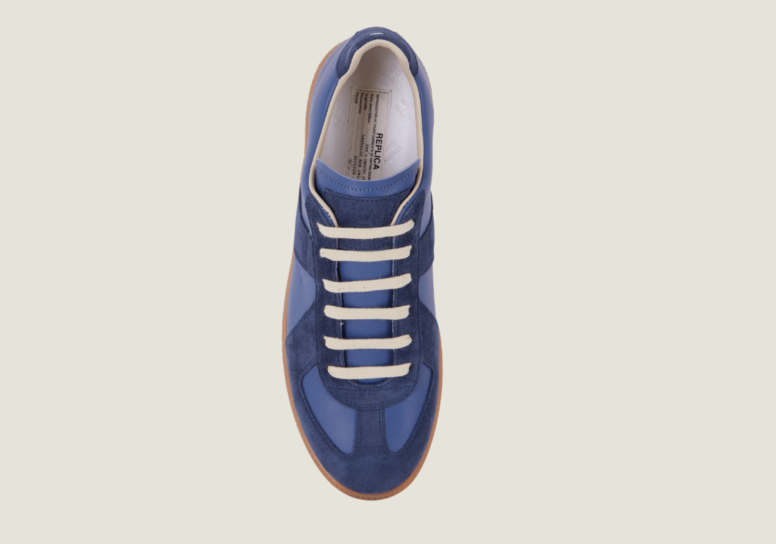 MM Blue nappa leather and suede with a honey sole.