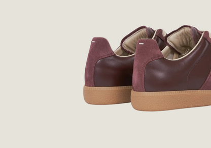 MM Burgundy nappa leather and suede with a honey sole.