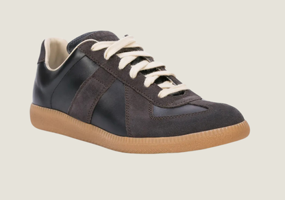 MM Black nappa leather and suede with a honey sole.