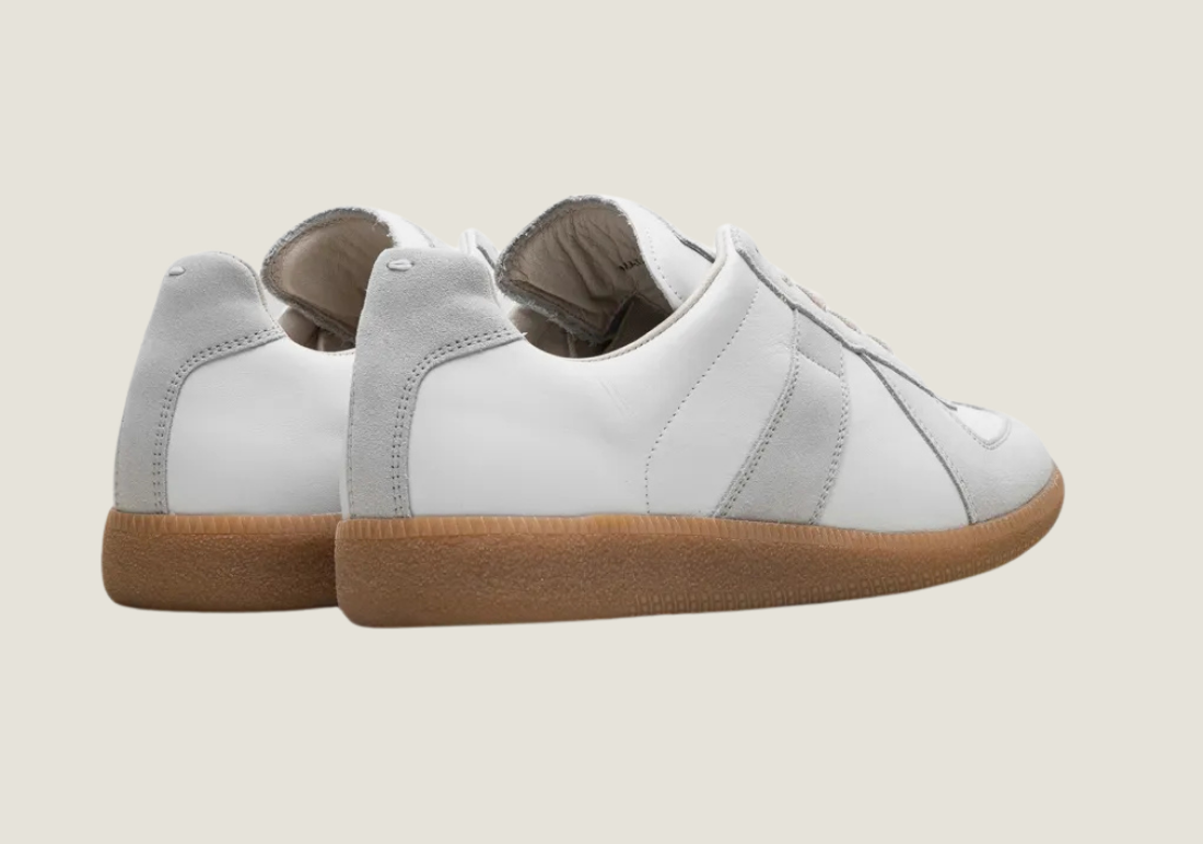 MM White nappa leather and suede with a honey sole.