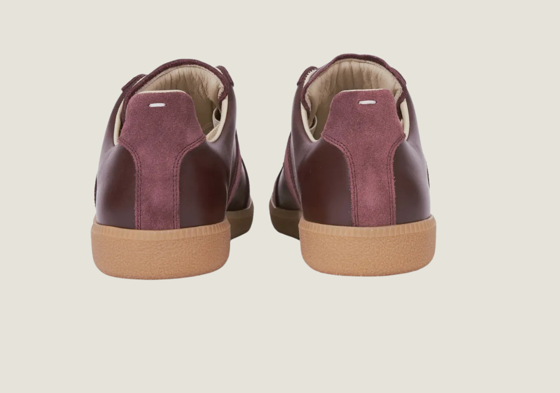 MM Burgundy nappa leather and suede with a honey sole.