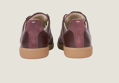 MM Burgundy nappa leather and suede with a honey sole.