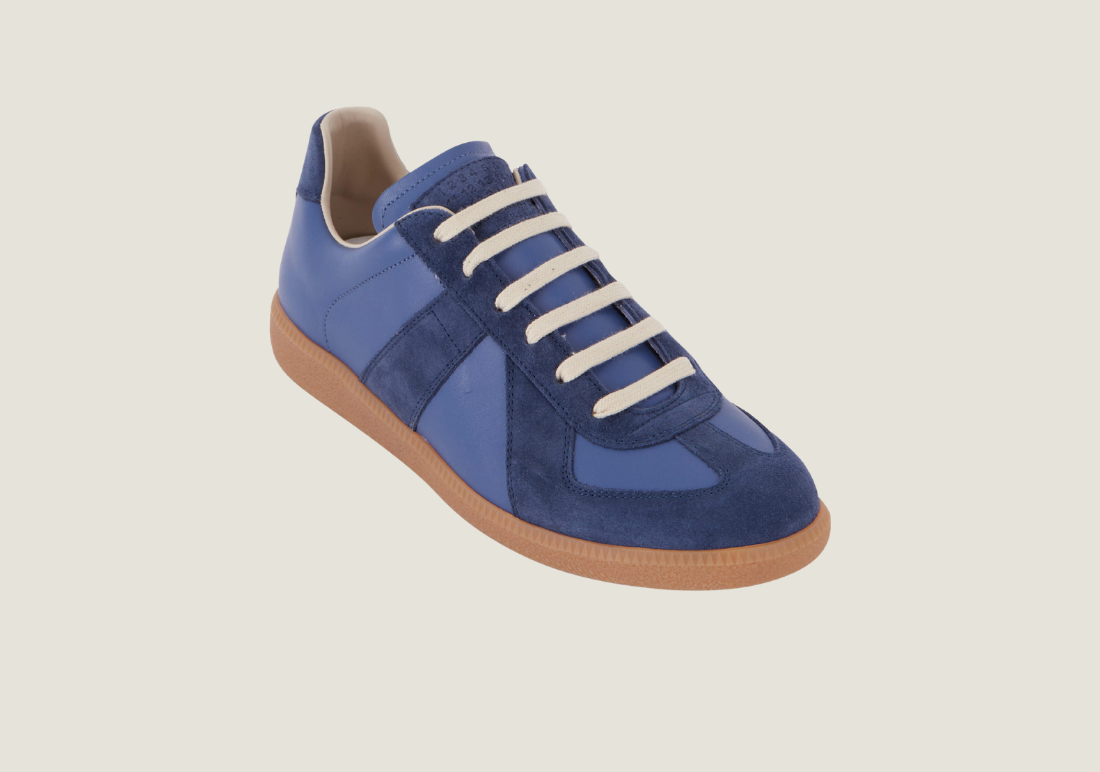 MM Blue nappa leather and suede with a honey sole.