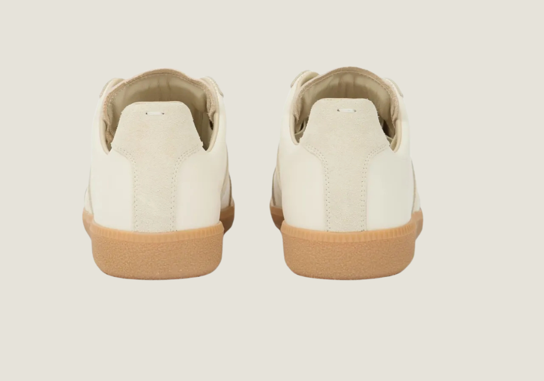 MM Beige in nappa leather and suede with a honey sole.