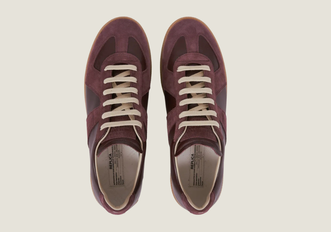 MM Burgundy nappa leather and suede with a honey sole.