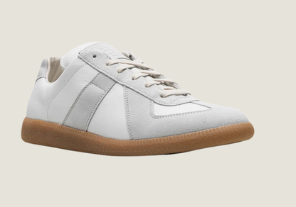 MM White nappa leather and suede with a honey sole.