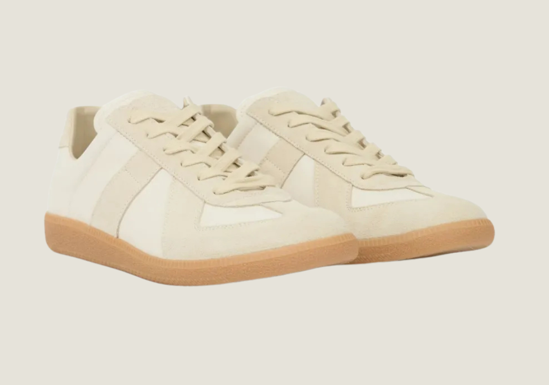 MM Beige in nappa leather and suede with a honey sole.